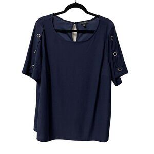 AUW BLOUSE DRESS SHIRT SILVER EYELET SLEEVE KEYHOLE BACK STRETCH SZ 2X NAVY BLUE